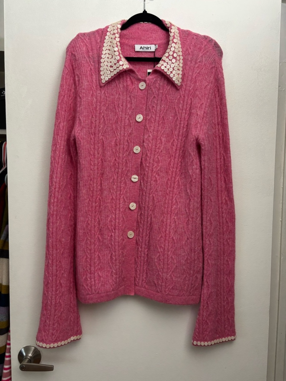 AHIRI Pink Flared Knit Cardigan with Embellished Collar and Sleeves